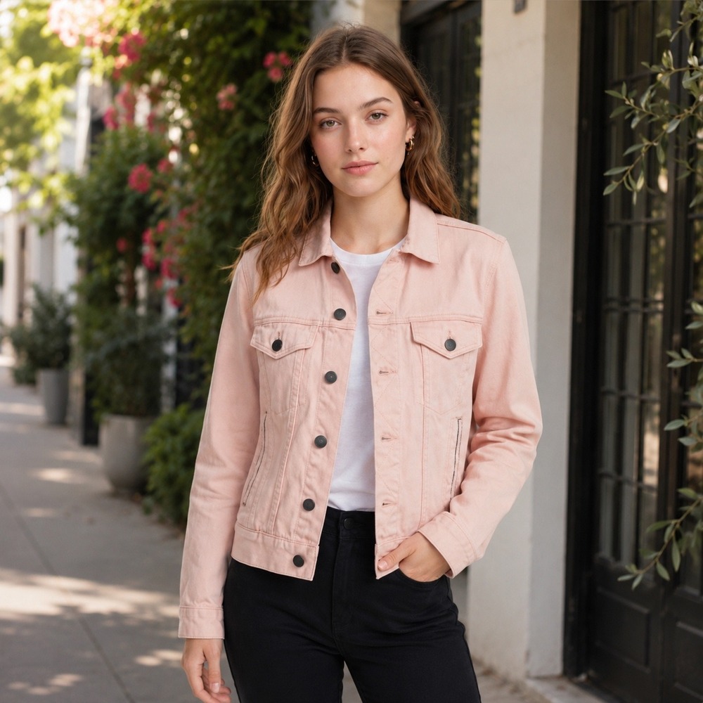 Aero One Women Pink Denim Trucker Jacket Button Front Cotton Size S